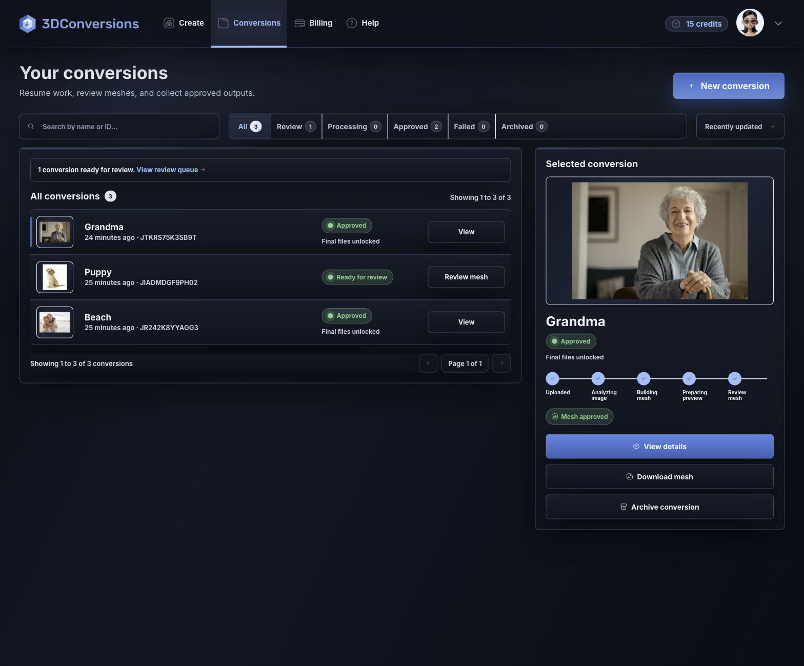 Conversions dashboard with ready and approved files