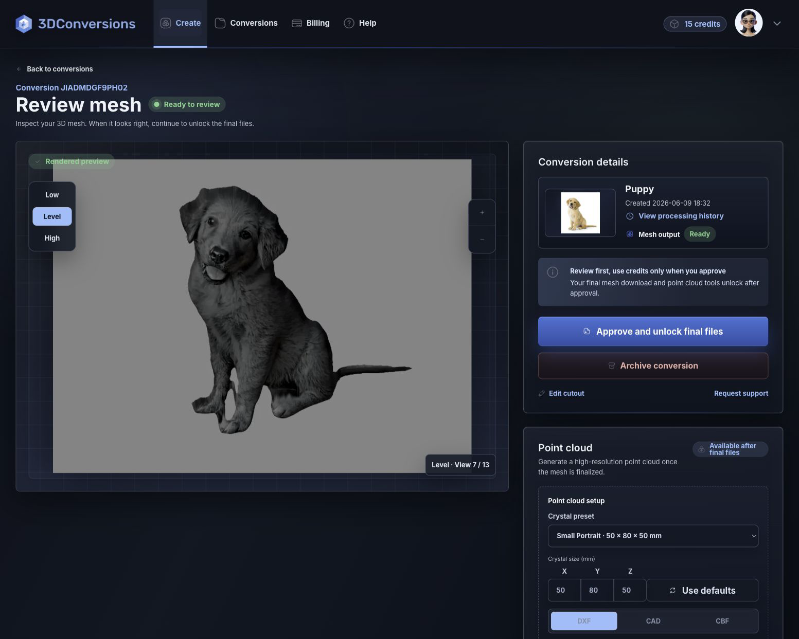 Review screen with original photo and generated 3D mesh preview
