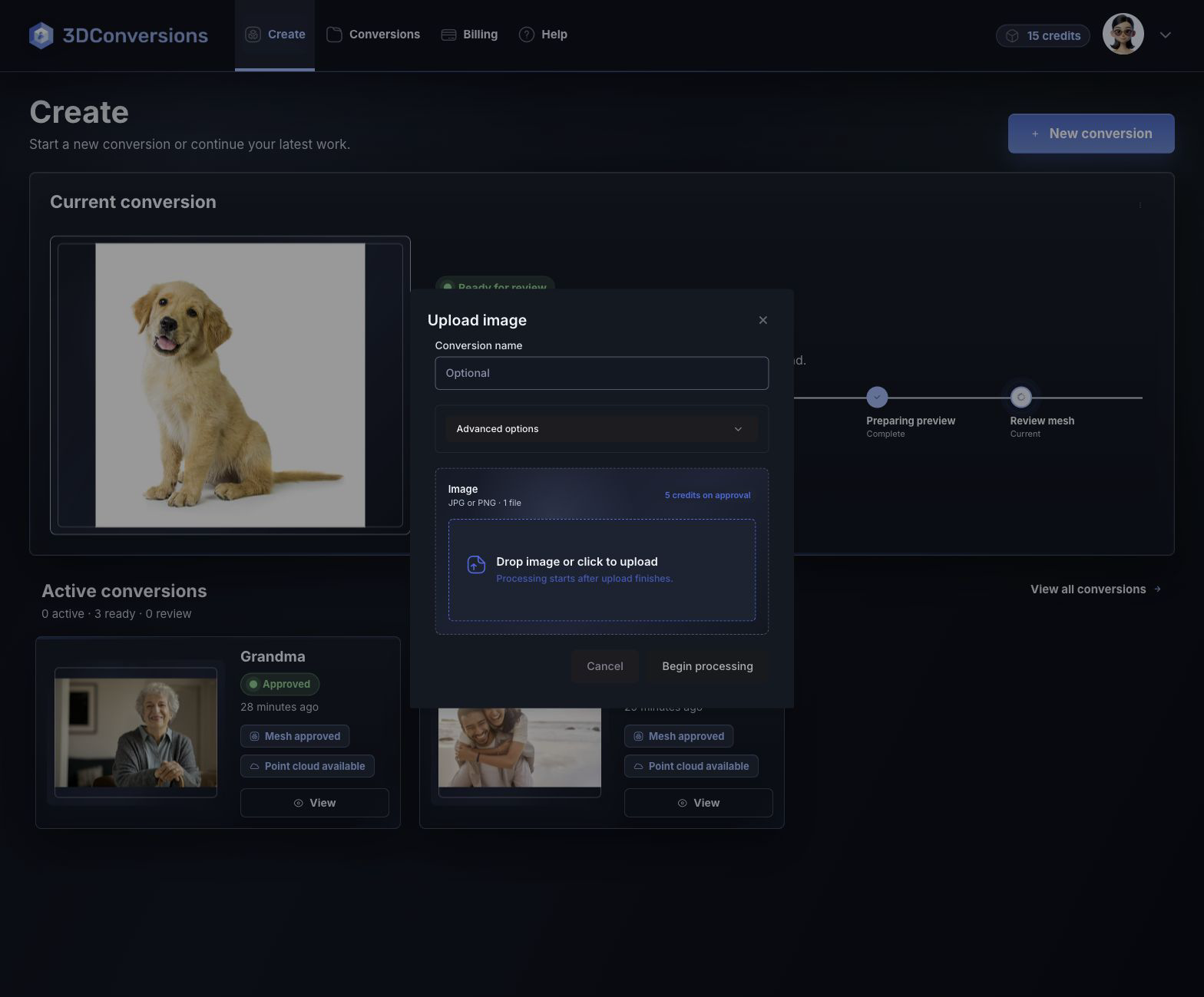 Upload modal with supported image formats and credit note